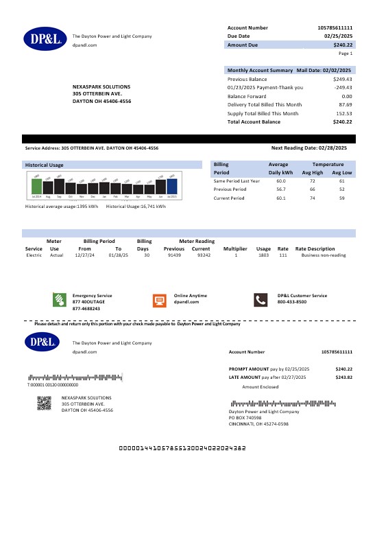 USA Ohio DP&L business utility bill template in Word and PDF formats